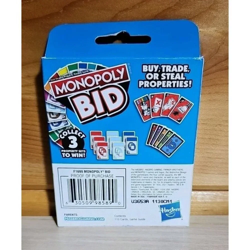 Monopoly Bid Card Game by Hasbro Fast Dealing Property Trading Game New Open Box